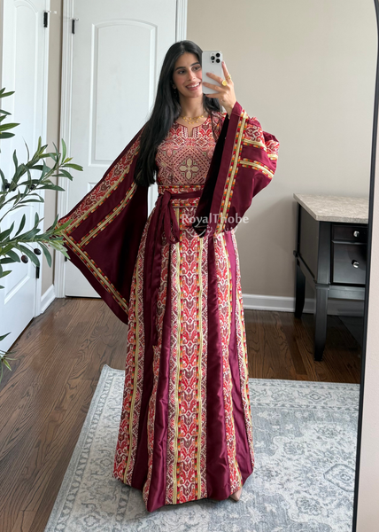 Burgundy Satin Kasab Full Embroidered Thobe