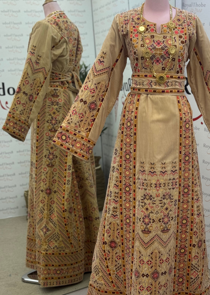 Velvet Beige Long Full Embroidered Thobe