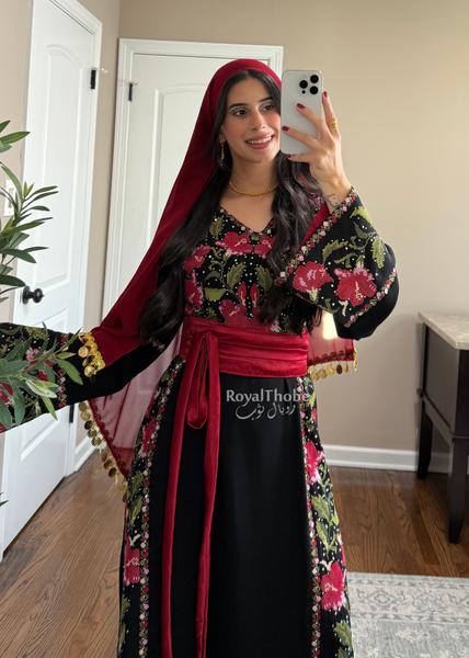Floral Black/Red Long Full Embroidered Thobe