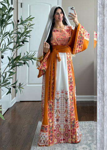 White/ Mustard Orange Maleka Floral Long Embroidered Thobe