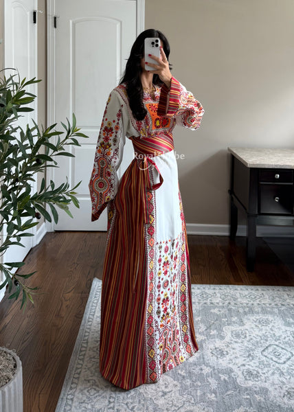 Sunset White/Orange Saya Maleka Full Embroidered Thobe