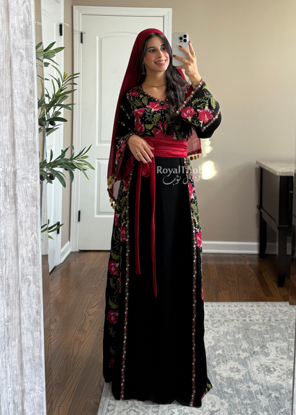 Floral Black/Red Long Full Embroidered Thobe