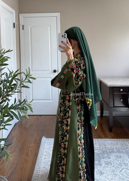Black/Olive Green Orange Floral Long Full Embroidered Thobe