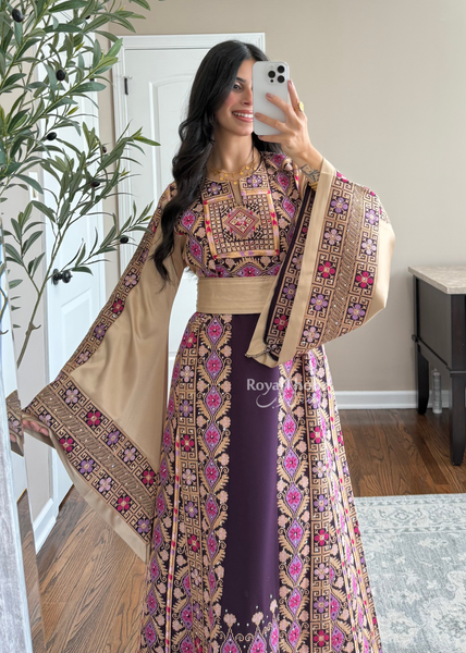 Purple/Beige Floral Long Full Embroidered Thobe With Reversible Beige Satin Belt