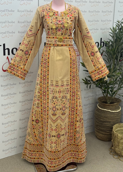 Velvet Beige Long Full Embroidered Thobe