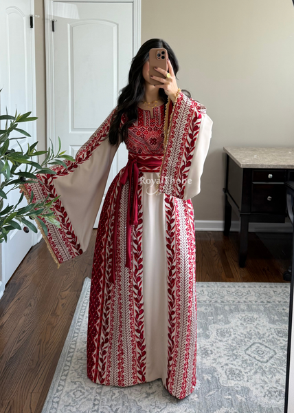Beige/ Burgundy Zaytona Branches Full Embroidered Thobe