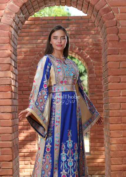 Royal Blue/Beige Malak Long Full Embroidered Thobe With Reversible Beige Satin Belt