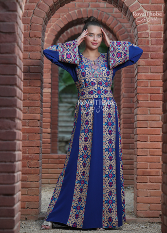 Royal Blue Simple 6 Lines Flower Full Embroidered Thobe
