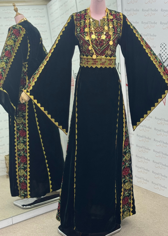 Velvet Olive Green Simple Floral Long Embroidered Thobe/Dress