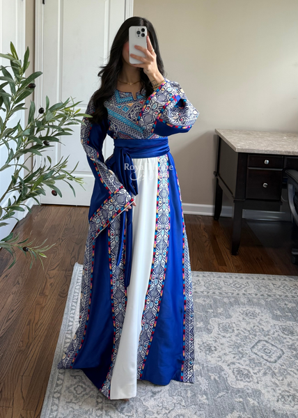White/ Blue Satin Classic Full Embroidered Thobe