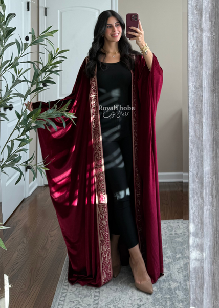 Burgundy Velvet Arabic Letter Bisht -Free Size