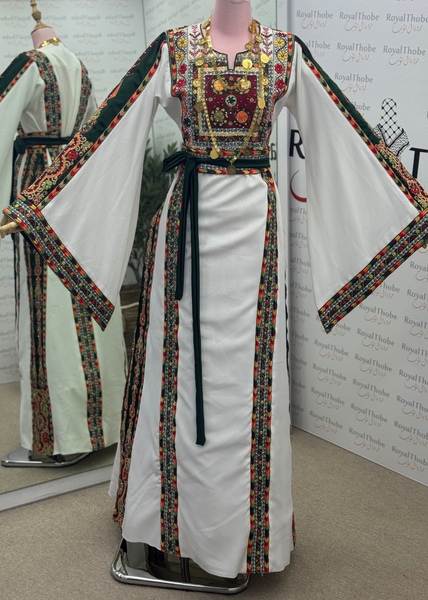 White /Olive Green Manajel Mini Flowers Long Full Embroidered Thobe