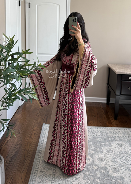 Beige/ Burgundy Zaytona Branches Full Embroidered Thobe