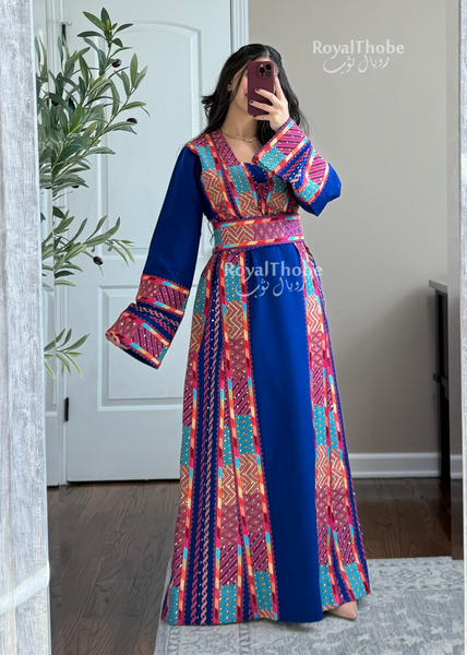 Royal Blue Modern Square Neck Long Full Embroidered Thobe