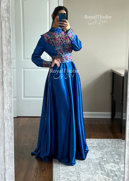 Royal Blue Satin Turtleneck Modern Long Embroidered Dress