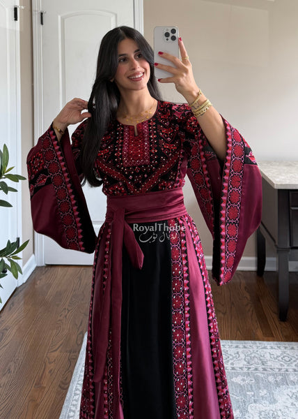 Black/Burgundy Long Full Embroidered Thobe