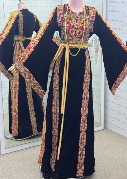Black / Gold Manajel Mini Flowers Long Full Embroidered Thobe