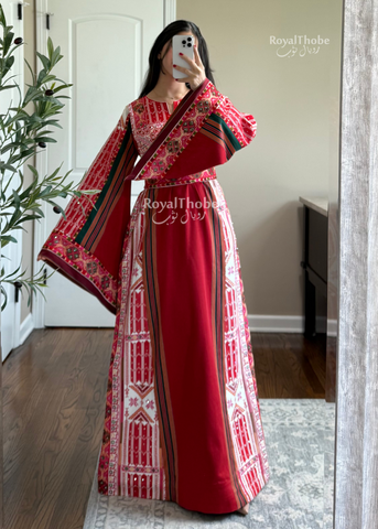 Red/White Majdlawe Long Full Embroidered Thobe