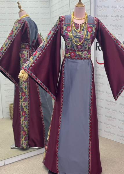 Gray/Burgundy Simple Floral Satin Long Full Embroidered Thobe/Dress