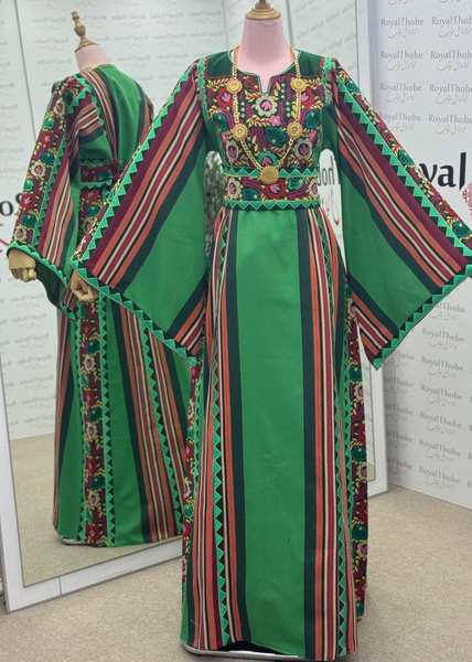 Green Majdlawe Simple Floral Long Full Embroidered Thobe