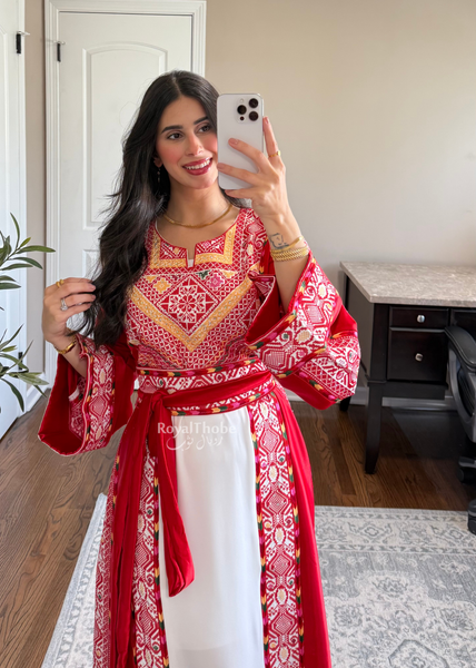 White/ Red Satin Classic Full Embroidered Thobe