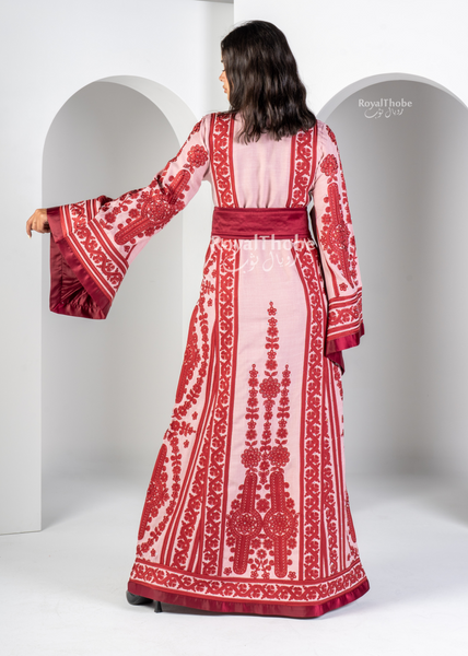 Pink Floral Maleka Long Full Embroidered Thobe.