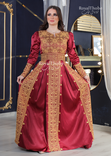 Burgundy Satin Modern Puff Shoulder Style Long Embroidered Dress