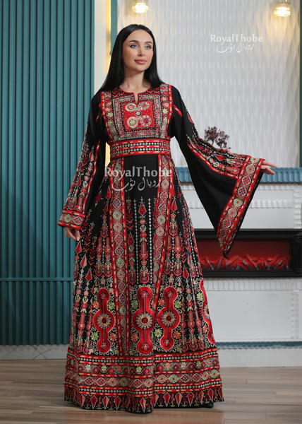 Black/Red Flower Maleka Long Full Embroidered Thobe