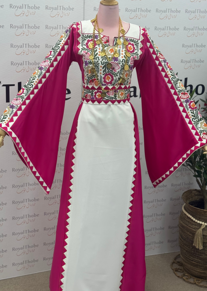 White/ Pink Floral Satin Long Full Embroidered Thobe