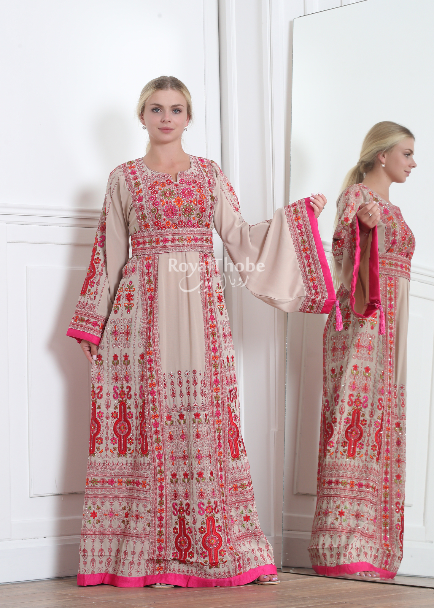 Beige/Pink Flower Maleka Long Full Embroidered Thobe With Reversible Pink Suede Belt