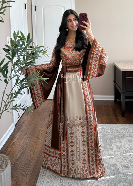 Beige/Brown Triangle Full Embroidered Thobe