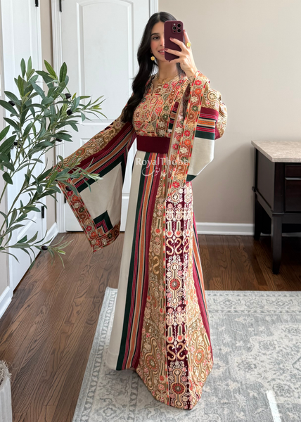 Cream Floral Majdlawe Maleka Long Full Embroidered Thobe