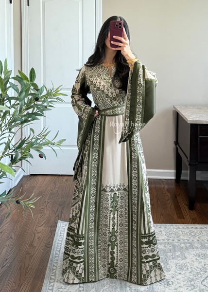 Beige/ Olive Green Malekah Full Embroidered Thobe