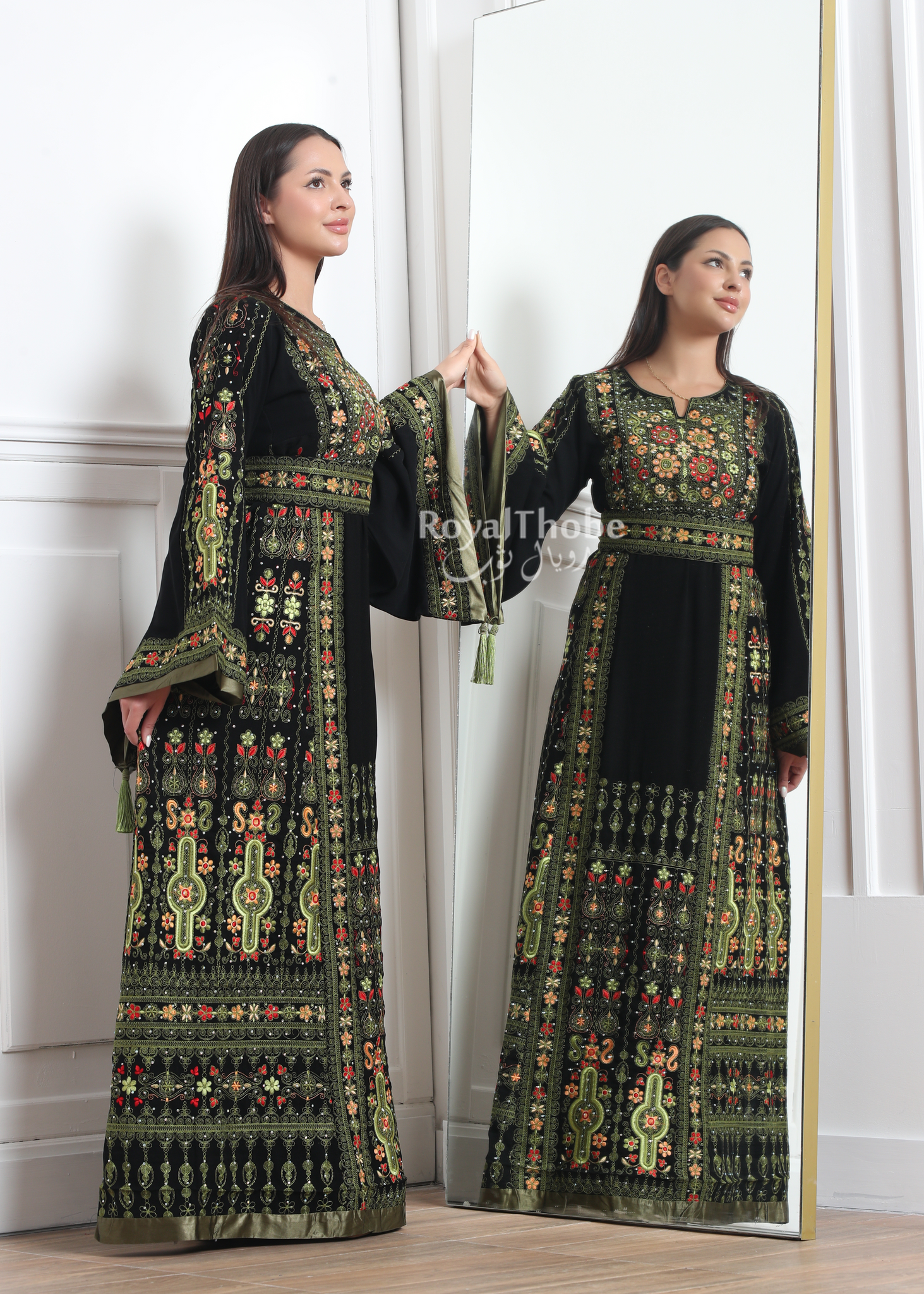 Black/Olive Green Flower Maleka Long Full Embroidered Thobe With Reversible Olive Green Suede Belt