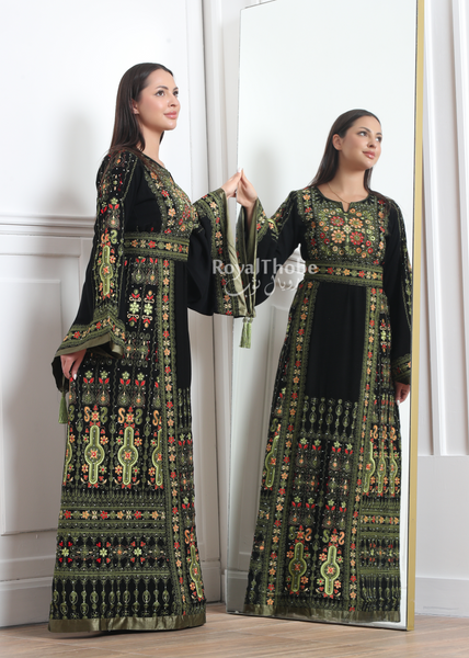 Black/Olive Green Flower Maleka Long Full Embroidered Thobe With Reversible Olive Green Suede Belt