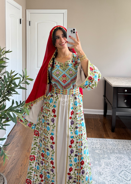 Beige/Cream Colorful Wardeh Kasab Long Full Embroidered Thobe