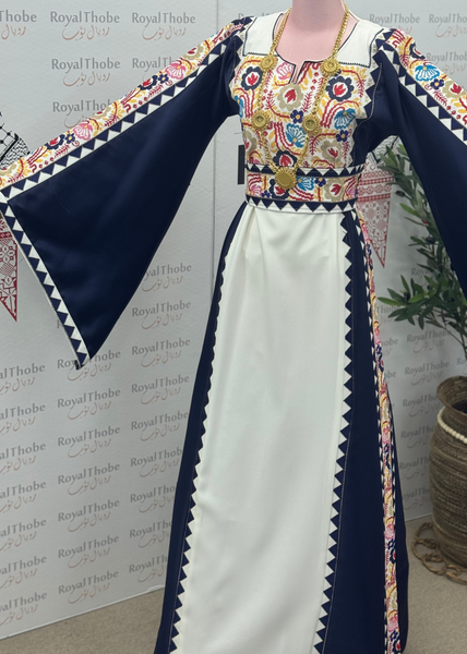 White/ Navy Blue Floral Satin Long Full Embroidered Thobe