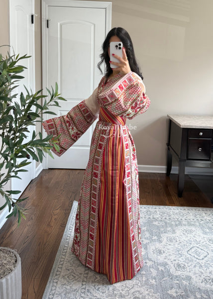 Beige/ Cream Saya Vintage Straight Cut Full Embroidered Thobe