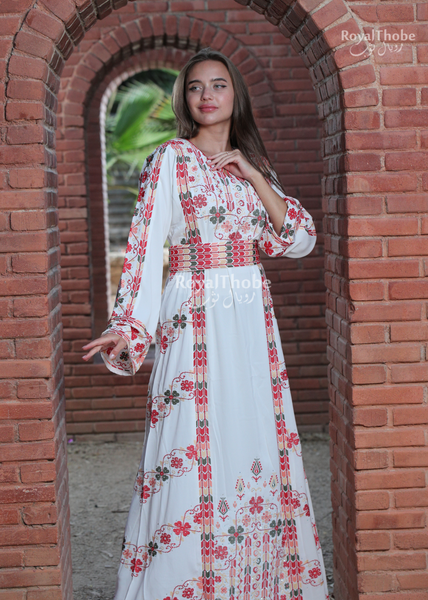 White/Red Simple Flower Long Full Embroidered Thobe