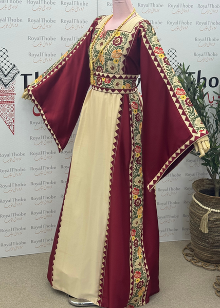 Beige / Burgundy Floral Satin Long Full Embroidered Thobe
