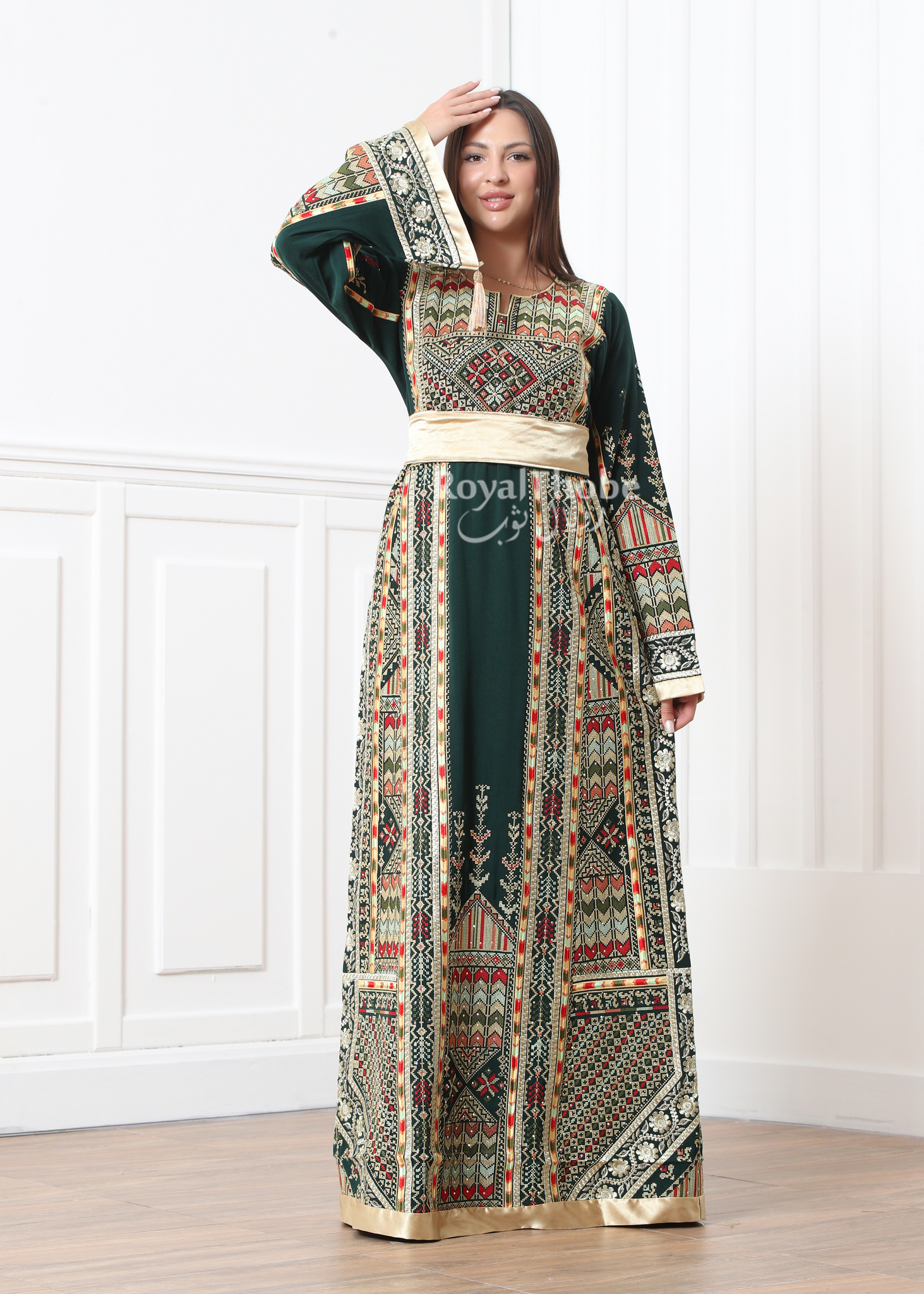 Olive Green Sahem Full Embroidered Thobe With Reversible Suede Belt