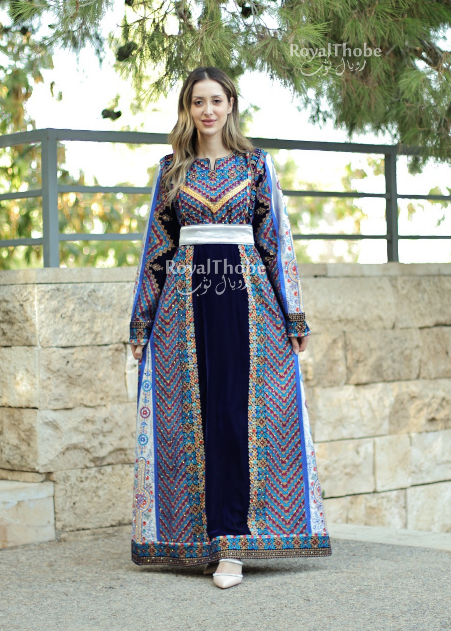 Velvet Royal Blue Side Maleka Long Full Embroidered Thobe With Beige Reversible Suede Belt