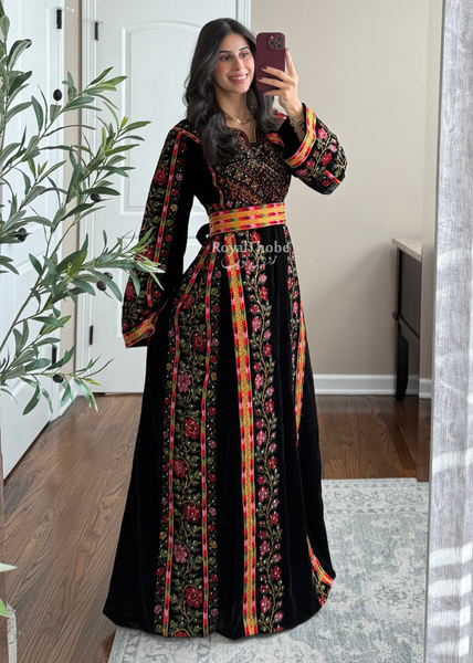 Velvet Black Floral Manajel Long Fully Embroidered Thobe