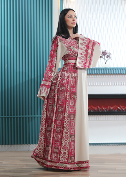 Beige/Burgundy Elegant Long Full Embroidered Thobe