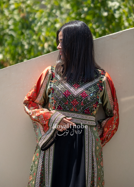 Black Orange & Olive Green Maleka Long Full Embroidered Thobe