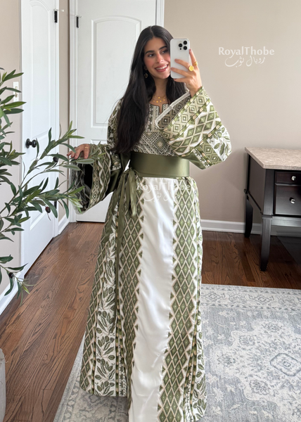 White/ Olive Green Zaytona Full Embroidered Thobe