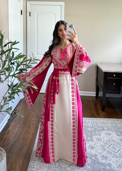 Beige/Pink Floral Long Full Embroidered Thobe