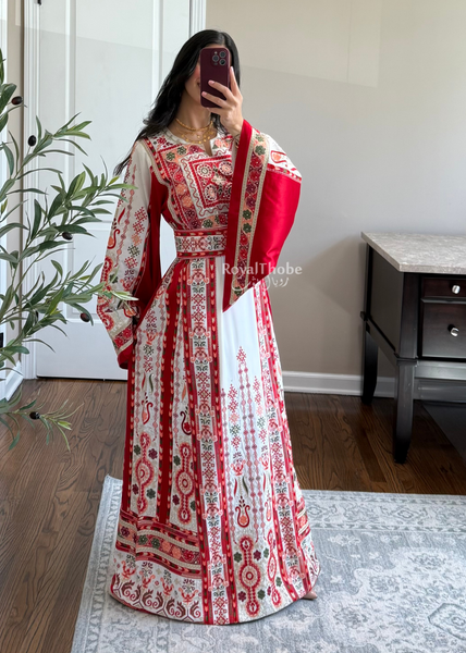 White/ Red Satin Maleka Kasab Full Embroidered Thobe