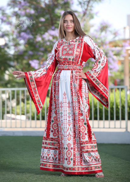 White/Red Flower Maleka Full Embroidered Thobe With Red Satin Reversible Belt