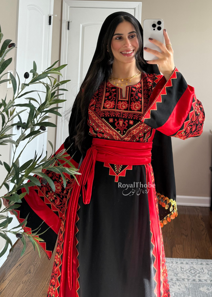 Black/Red Classic Simple Satin Long Full Embroidered Thobe